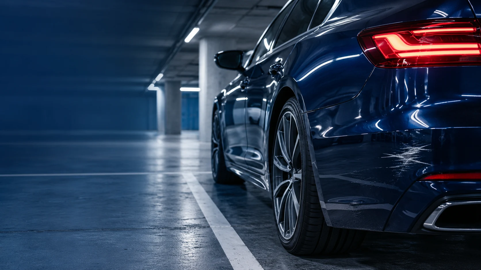 Blaues Fahrzeug mit oberflächlichem Schaden an der Stoßstange in einer Parkgarage – Symbolbild